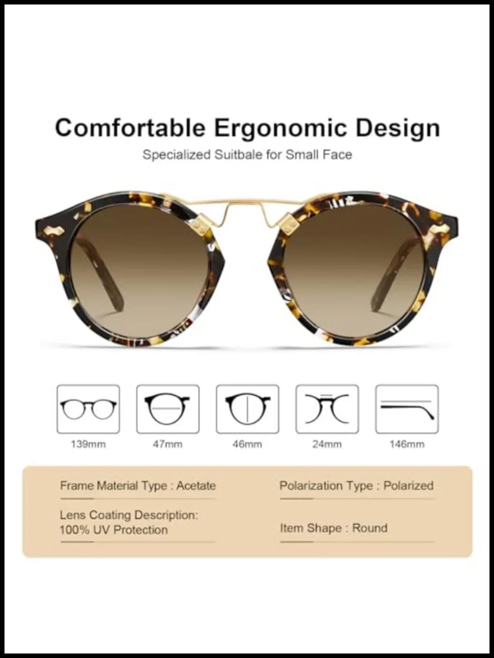 Small Face Acetate Double Bridge Polarized Sunglasses, Retro Metal Brow Eyewear